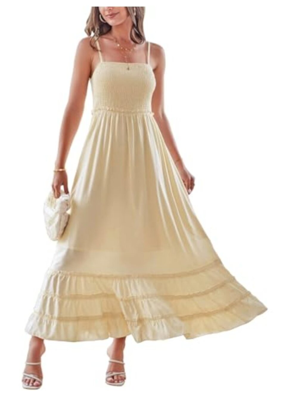 Women's Smocked Spaghetti Strap Ruffle Tiered Boho Flowy Maxi Dress